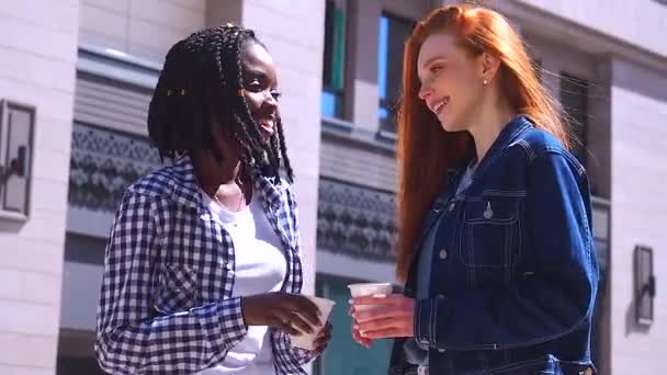 Twee mooie gemengde ras vrouw vrienden drinken koffie en praat — Stockvideo