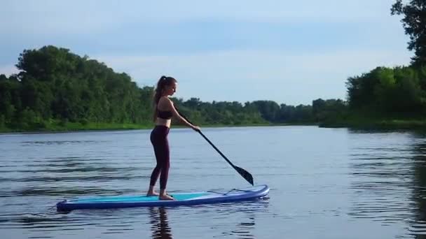Жінка штовхає і тягне весло крізь сяючу поверхню води і провідну дошку в сонячний ранок — стокове відео