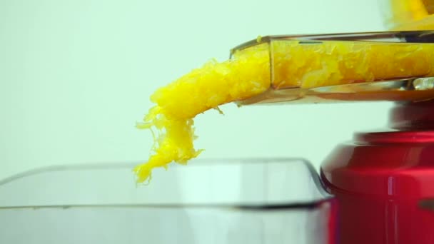 Βίδα αποχυμωτή που παρασκευάζει χυμό λαχανικών πορτοκαλιών — Αρχείο Βίντεο