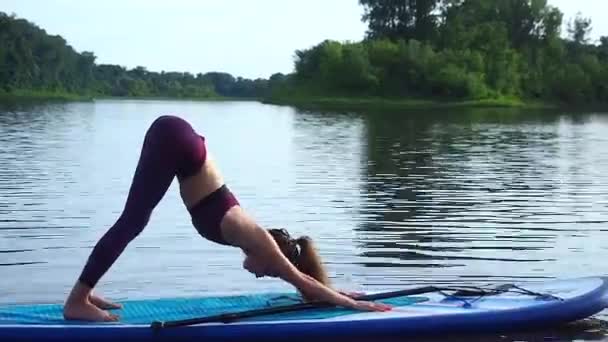 Jonge vrouw doet yoga op sup boord in russische rivier — Stockvideo