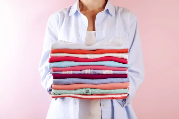 Close Young Woman Wearing Blue Cotton Shirt Holding Stack Perfectly — Stock Photo, Image