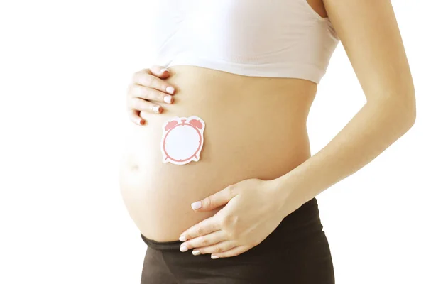 Close Pregnant Woman Wearing White Supportive Seamless Maternity Bra Black — Stock Photo, Image