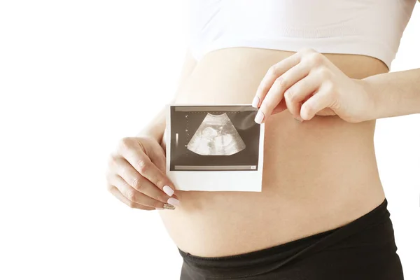 Close Van Zwangere Vrouw Dragen Van Ondersteunende Naadloze Zwangerschaps Zwarte — Stockfoto