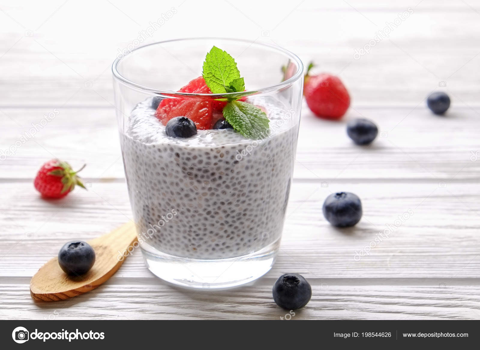 Portion Chia Pudding Vegan Almond Milk Blueberry Strawberry Mint Served