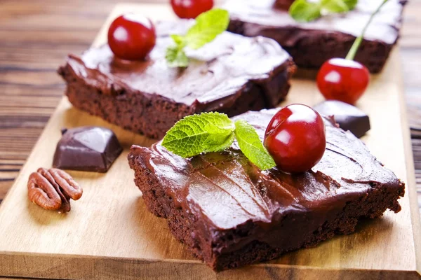Square Pieces Homemade Brownies Dark Chocolate Spread Paste Cherry Pecan — Stock Photo, Image