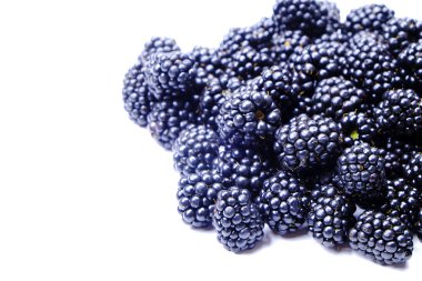 Taze organik ahududu meyveleri beyaz zemin üzerine harvestpile grup. Temiz kavramı yeme. Sağlıklı besleyici Vejeteryan Aperatif, pişmemiş yiyecek. Yakın çekim, kopya alanı, üstten görünüm, düz lay.