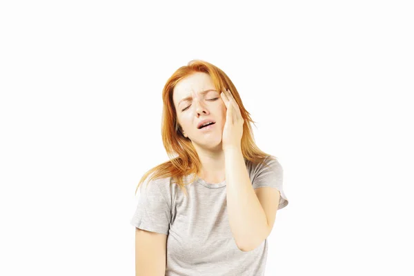 Beautiful Redheaded Young Woman Experiencing Severe Migraine Writhing Pain Pretty — Stock Photo, Image