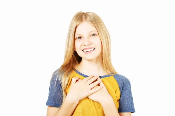 Junges Hübsches Teenager Mädchen Mit Blonden Haaren Gelbem Baseball Shirt — Stockfoto