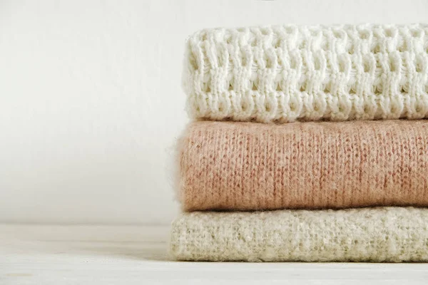 Bunch Knitted Warm Pastel Color Sweaters Different Knitting Patterns Folded — Stock Photo, Image