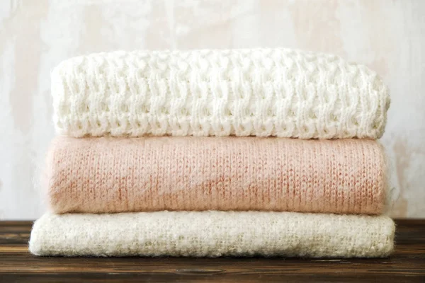 Bunch Knitted Warm Pastel Color Sweaters Different Knitting Patterns Folded — Stock Photo, Image