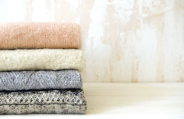 Bunch Knitted Warm Pastel Color Sweaters Different Knitting Patterns Folded — Stock Photo, Image