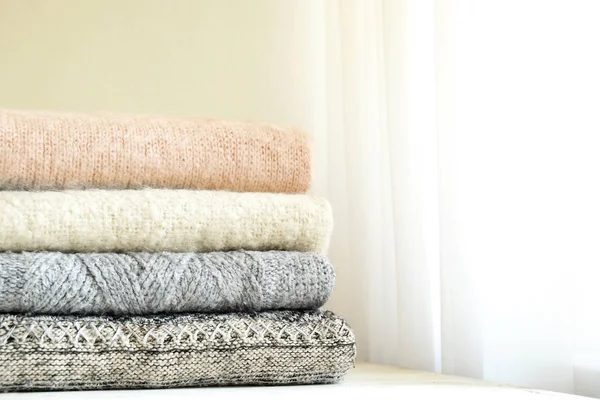 Bunch Knitted Warm Pastel Color Sweaters Different Knitting Patterns Folded — Stock Photo, Image