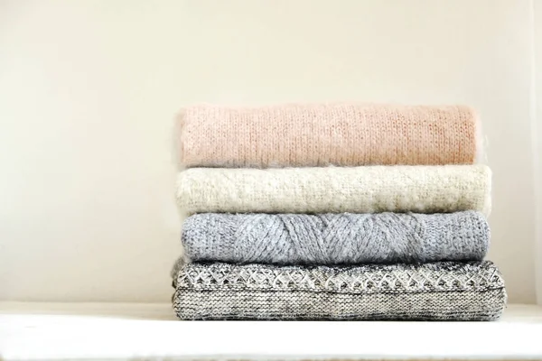 Bunch Knitted Warm Pastel Color Sweaters Different Knitting Patterns Folded — Stock Photo, Image