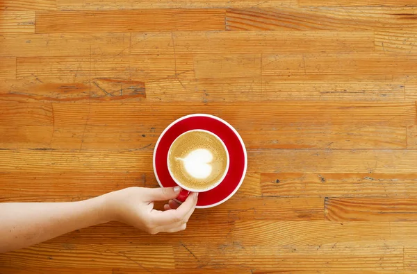 Top View Young Woman Hands Holding Red Cup Coffee Heart — Stock Photo, Image