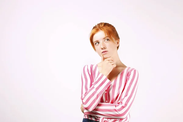 Young Beautiful Woman Long Natural Red Hair Thinking Facial Expression — Stock Photo, Image