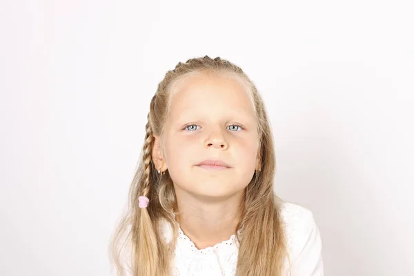 Portrait Sad Funny Four Year Old Little Girl Blond Hair — Stock Photo, Image