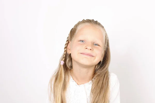 Portrait Positive Funny Four Year Old Little Girl Blond Hair — Stock Photo, Image