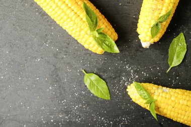 Yeşil fesleğen yaprakları ve karanlık taş masada tuz dekorasyon ile barbekü ateşe ızgara Mısır üç koçanı koydu. Temiz yemek alışkanlıkları kavramı. Arka plan, görünümü top, yakın çekim, yat, alanı Kopyala.