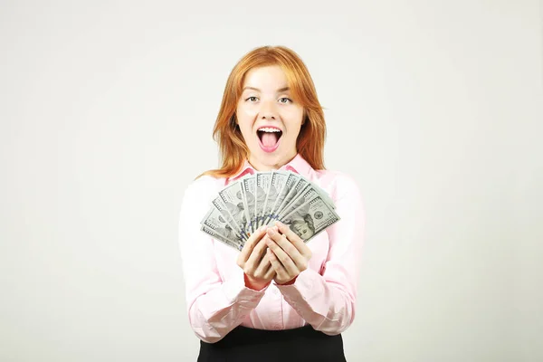 Young Beautiful Redhead Woman Covering Her Face Fistful Money Holding — Stock Photo, Image