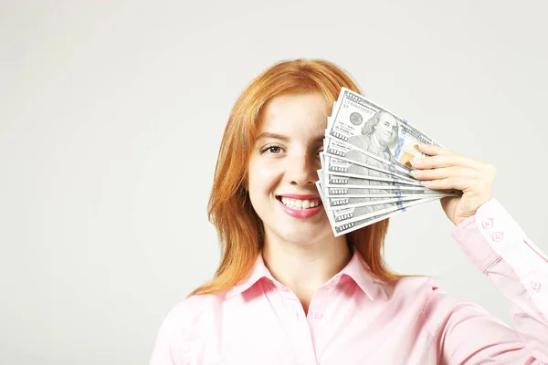 Young Beautiful Redhead Woman Covering Her Face Fistful Money Holding — Stock Photo, Image