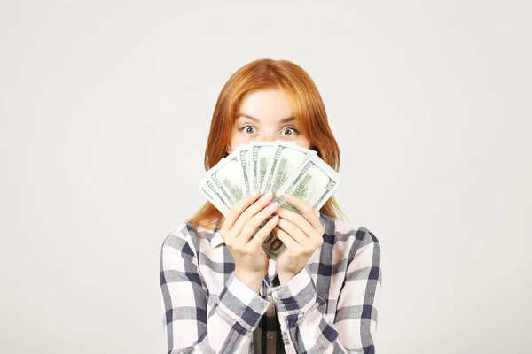 Young Beautiful Redhead Woman Covering Her Face Fistful Money Holding — Stock Photo, Image