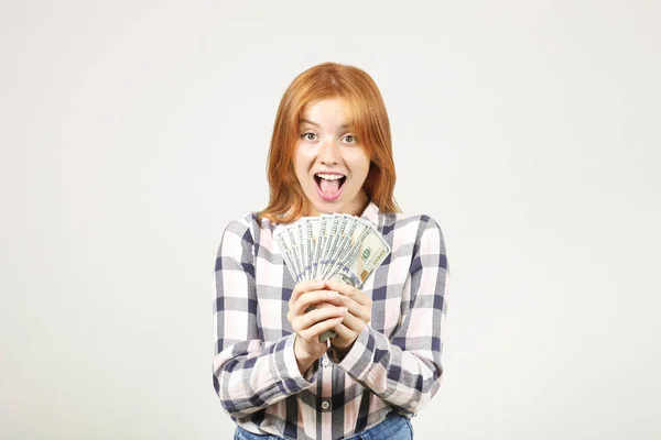 Young Beautiful Redhead Woman Screaming Rejoice Laughing Open Mouth Fistful — Stock Photo, Image