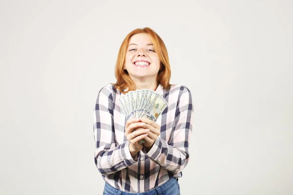 Portrait Young Beautiful Redhead Woman Fistful Money Holding One Hundred — Stock Photo, Image