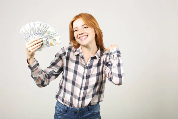 Portrait Cheerful Young Woman Holding Bunch One Hundred Dollar Bills — Stock Photo, Image