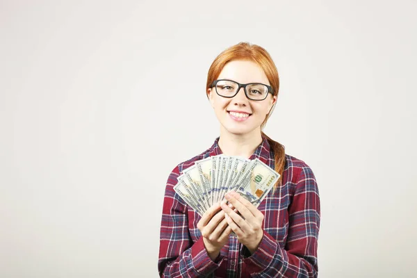 Portrait Young Beautiful Redhead Woman Fistful Money Holding One Hundred — Stock Photo, Image