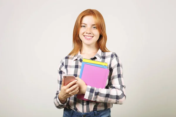 Young Beautiful Woman Long Natural Red Head Wearing Checkered Flannel — Stock Photo, Image