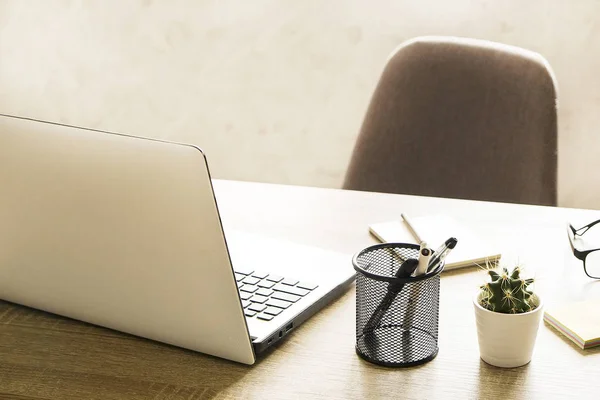 Ordenador Portátil Portapapeles Planta Casera Cactus Suministros Vasos Plegados Escritorio — Foto de Stock