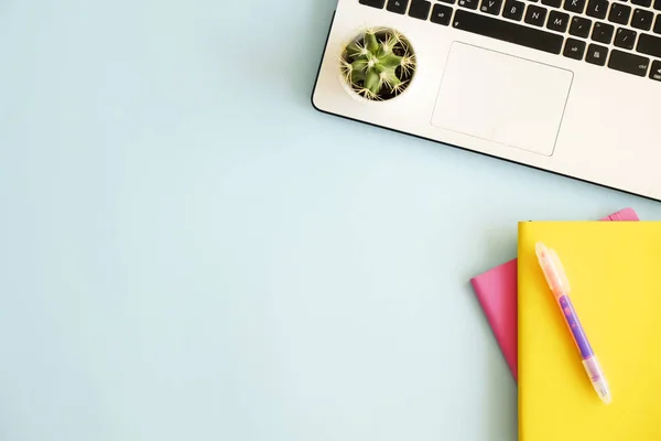 Oficina Trabajo Con Ordenador Portátil Múltiples Cuadernos Colores Planta Cactus — Foto de Stock