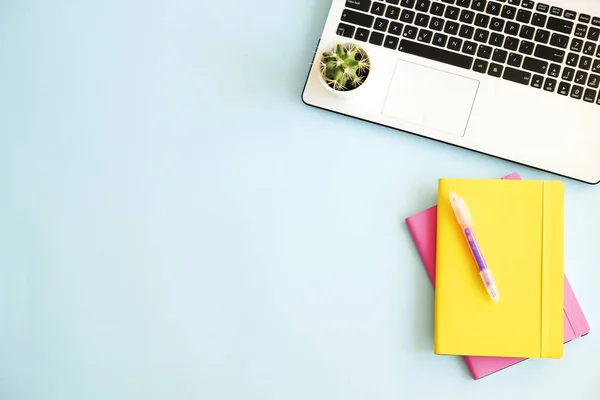 Escritório Local Trabalho Com Laptop Vários Cadernos Coloridos Planta Cacto — Fotografia de Stock