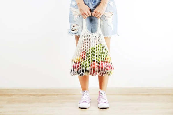 Young Woman Plaid Shirt Jeans Skirt Bag Mixed Fruit Vegetables — Stock Photo, Image