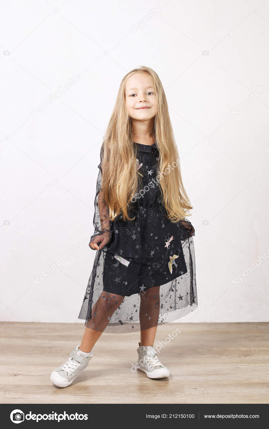 Little Blonde Girl Long Golden Hair Wearing Black Dress Stars