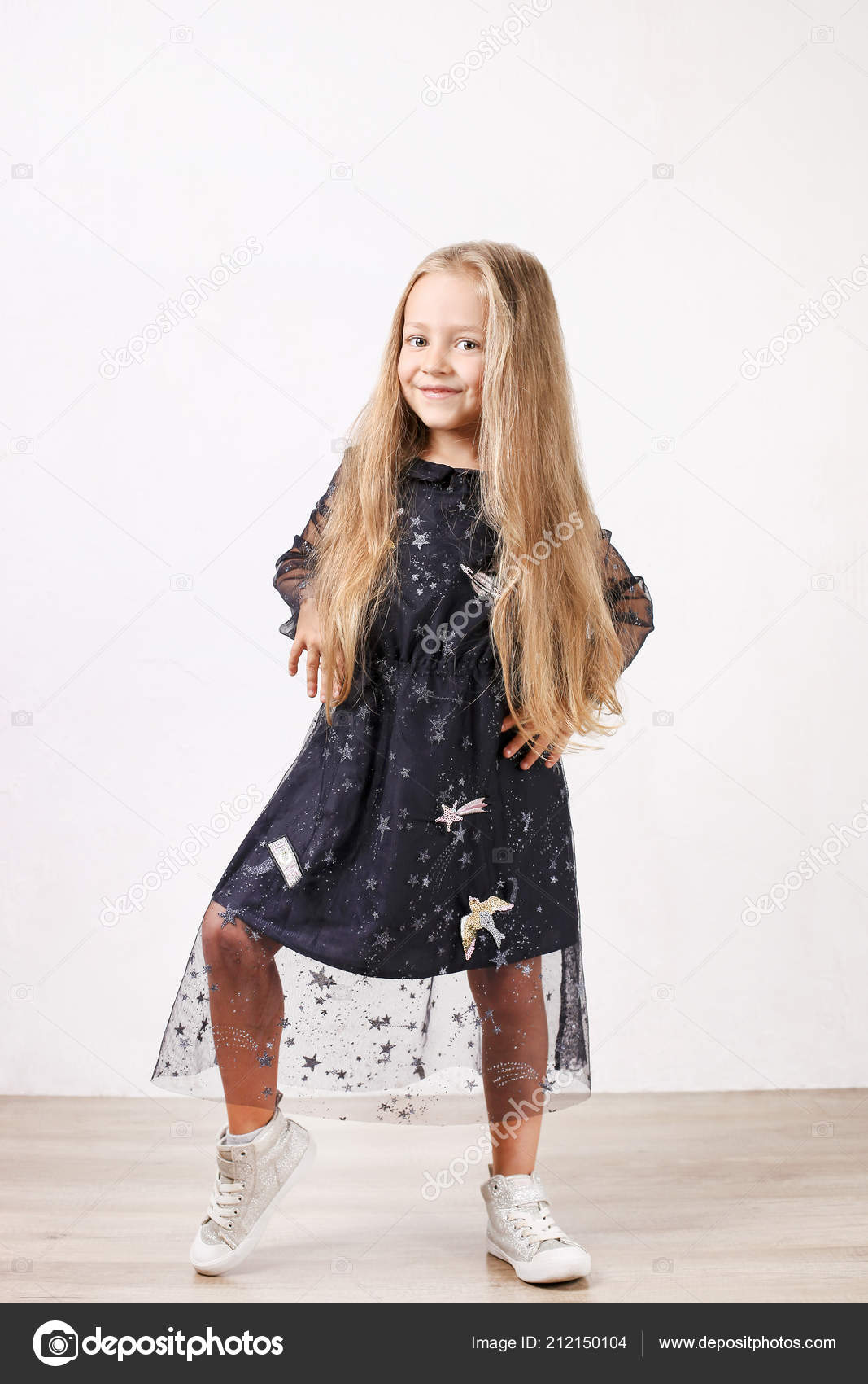 Little Blonde Girl Long Golden Hair Wearing Black Dress Stars