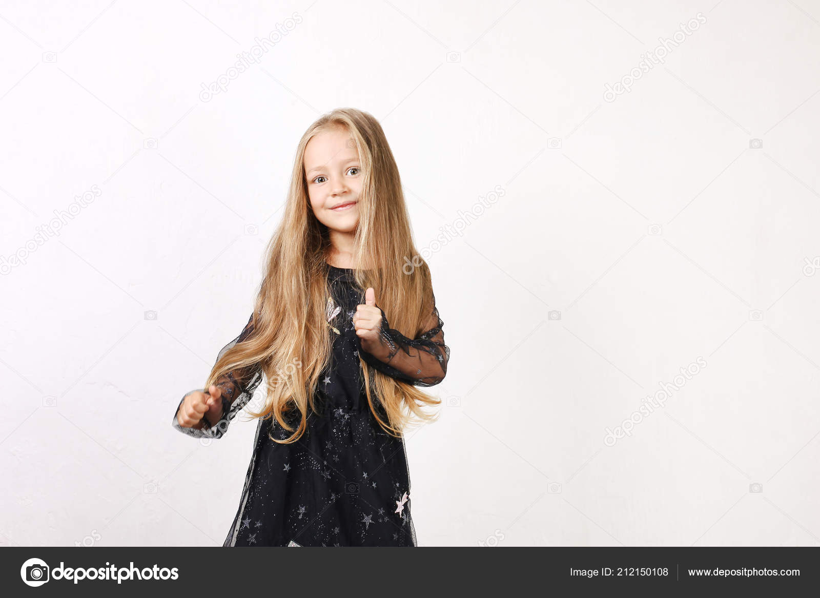 Little Blonde Girl Long Golden Hair Wearing Black Dress Stars