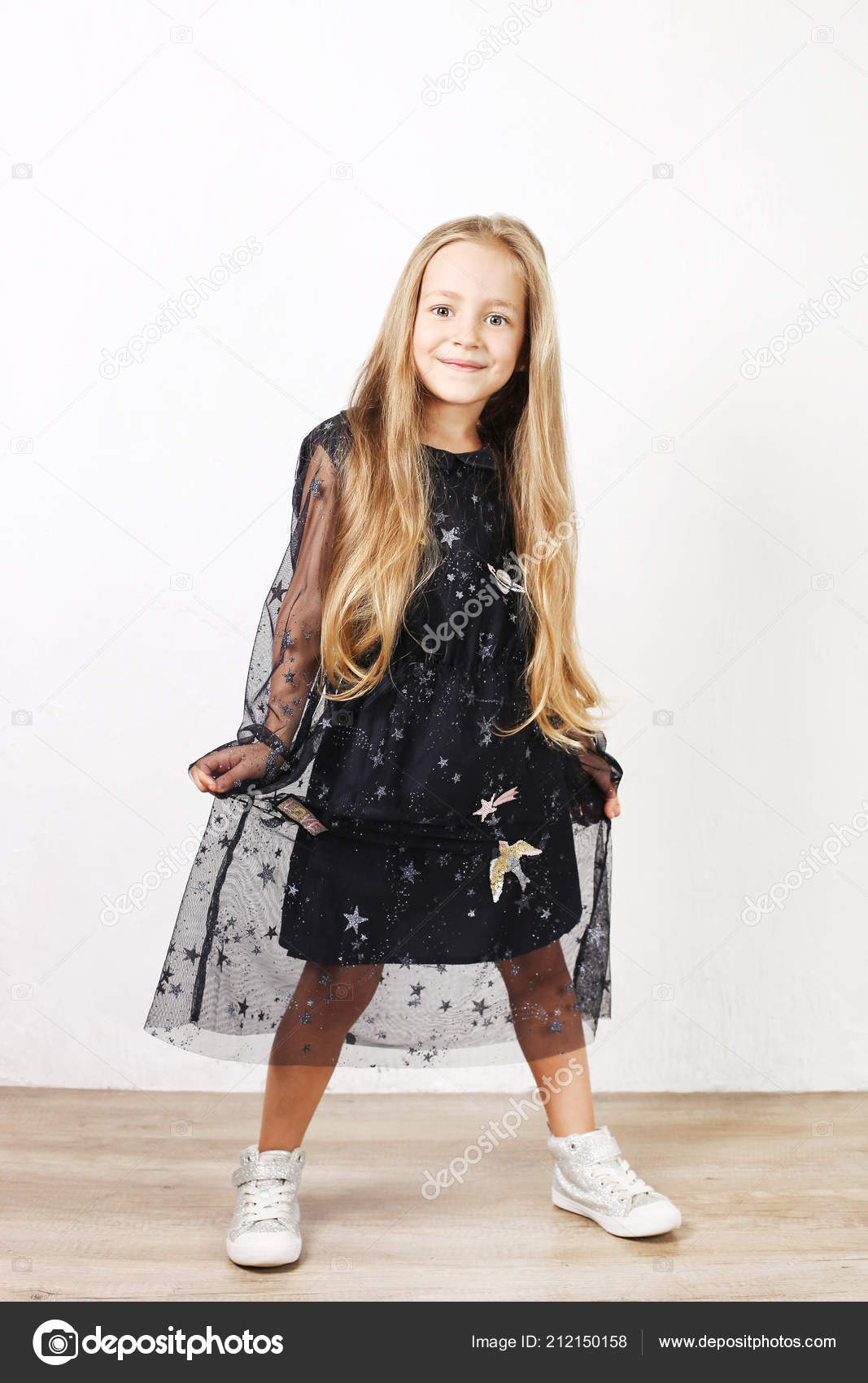 Little Blonde Girl Long Golden Hair Wearing Black Dress Stars