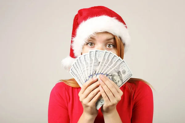 Money Christmas Present Concept Portrait Happy Young Redheaded Woman Holding — Stock Photo, Image