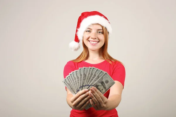 Money Christmas Present Concept Portrait Happy Young Redheaded Woman Holding — Stock Photo, Image