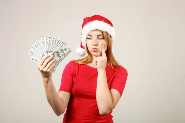 Money Christmas Present Concept Portrait Happy Young Redheaded Woman Holding — Stock Photo, Image