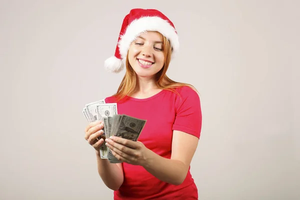 Money Christmas Present Concept Portrait Happy Young Redheaded Woman Holding — Stock Photo, Image