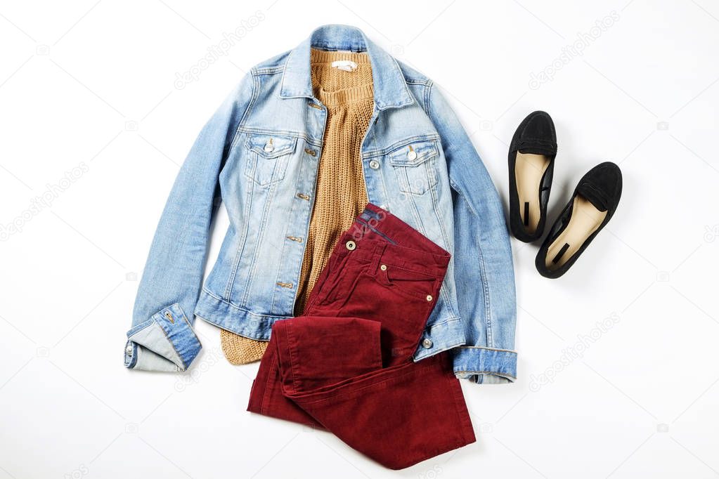 Autumn clothing essentials ideas for fashion blog look book showcase. Casual set of matching garment items. Trendy mass market apparel concept. Background, copy space, close up, top view, flat lay.