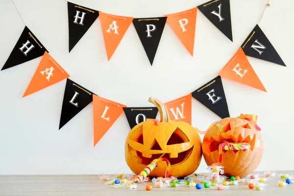 Few Orange Pumpkins Different Size Carved Jack Lantern Wooden Table — Stock Photo, Image