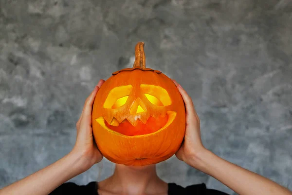 Portrait Young Skinny Woman Covering Head Holding Glowing Jack Lantern — Stock Photo, Image