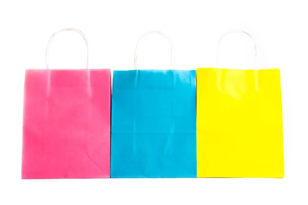 Muchas Bolsas Papel Blanco Diferentes Colores Rosa Azul Amarillo Aisladas —  Fotos de Stock