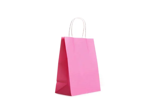 Single Blank Shoppong Bag Standing Isolated White Background Pink Paper — Stock Photo, Image