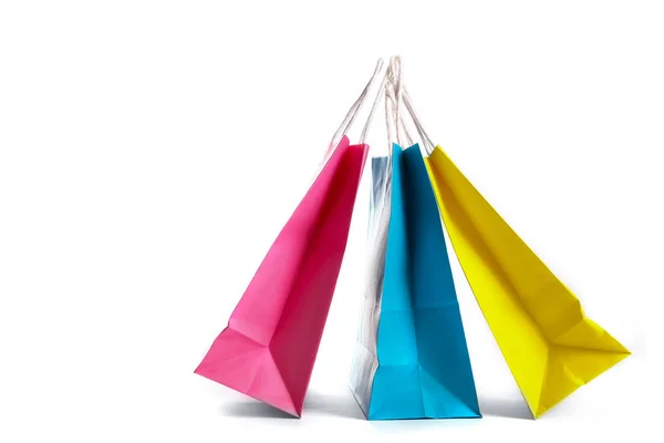 Many Blank Paper Shopping Bags Different Colors Pink Blue Yellow — Stock Photo, Image