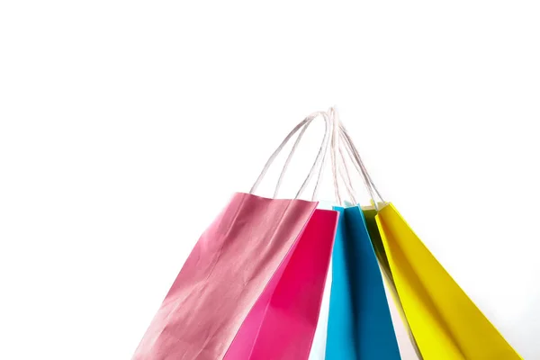 Many Blank Paper Shopping Bags Different Colors Pink Blue Yellow — Stock Photo, Image