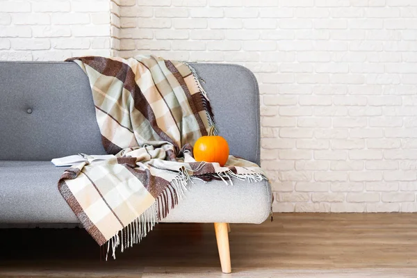 Concepto Minimalista Diseño Interiores Sofá Textil Gris Amplia Habitación Estilo —  Fotos de Stock
